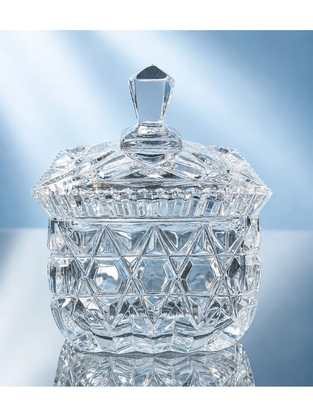 1950s Diamond Point Pressed Crystal Lidded Sugar Bowl Square Flared, 3x5”